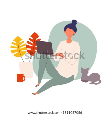 Vector illustration of woman checking the web during autumn. Woman have a relaxing day off. Stay at home concept.