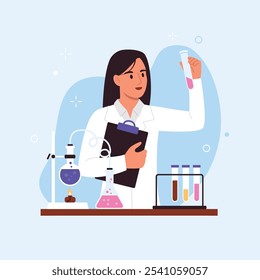 Ilustração vetorial de uma mulher química conduzindo um experimento.Cena em desenho animado de uma mulher com um comprimido para papéis, segurando um frasco, um aparelho para conduzir reações químicas, frascos com líquidos.