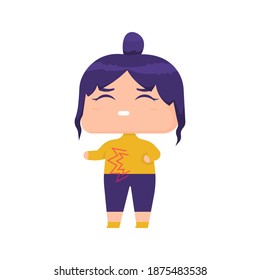 vector illustration of woman or chibi girl holding her stomach due to stomachache or being hungry. have ulcers and stomach ailments. flat style. design elements.