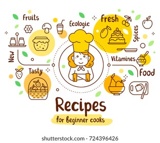 Vector Illustration Of A Woman Chief Cook In A Chef Hat With Food Icons. Thin Line Art Design With A Cook For Web, Banner, Menu, Recipe Book. Creative Cooking Concept With Text On White Background