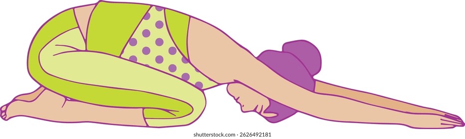 vector illustration of woman in child's pose yoga stretch in hand-drawn flat style
