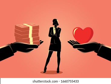 Vector illustration of a woman choosing between love or money