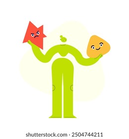 Vector illustration of a woman, choosing between happiness and anger. Abstract emotions concept. Standing female character and different feelings. Mental health and psychotherapy concept. 