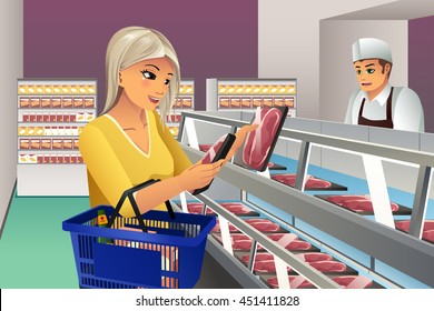 A vector illustration of woman choosing a frozen meat at supermarket