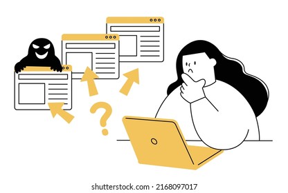 Vector illustration of a woman choosing the right site on her laptop.
