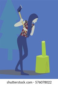 vector illustration of a Woman chopping wood
