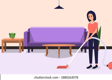 vector illustration of woman cleaning the room using a vacuum cleaner.