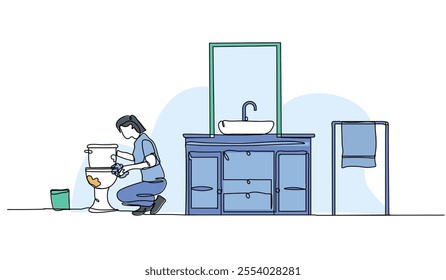 Vector illustration of a woman is cleaning the toilet. Modern flat in continuous line style.