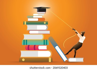 Vector illustration of a woman climb pile of book to reach a graduation hat, effort symbolizing to achieve success