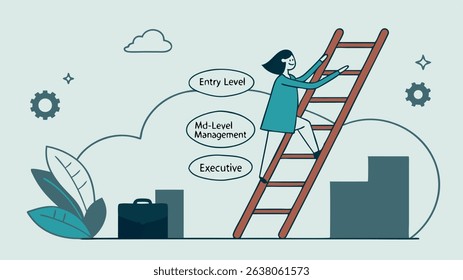 Vector illustration of a woman climbing a ladder, symbolizing career progression through entry level, mid-level management, and executive positions in a professional environment
