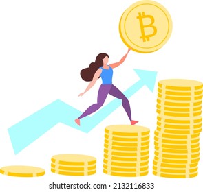 Vector illustration of woman climbing stack of coin holding cryptocurrency in hand depicting growth in business with cryptocurrency 