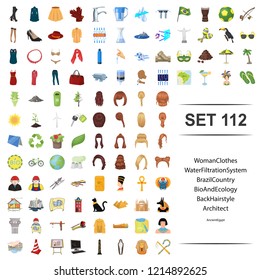 Vector illustration of woman, clothes, water, filtration, system, brazil, country, bio ecology back hairstyle architect ancient egypt icon set.
