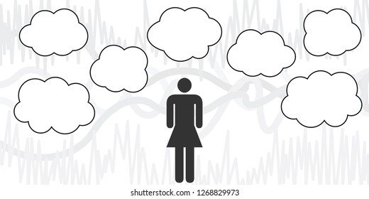 vector illustration of woman with clouds for thinking process visualization
