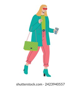 Vector illustration of a woman with coffee on the go, nicely dressed in a jacket and pants