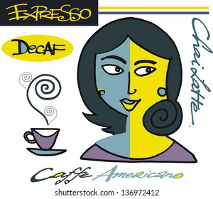Vector illustration of woman with coffee signs and cup.