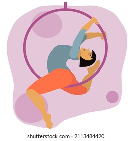 Vector illustration of a woman of color doing aerial hoop pose. Girl  doing hanging hoop gymnastics.