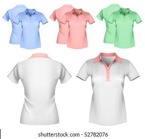 Vector illustration. Woman color and white polo shirt design template.