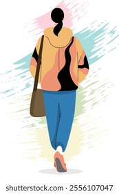 Vector illustration of a woman in a colorful hoodie walking with a tote bag, emphasizing casual and trendy urban fashion.