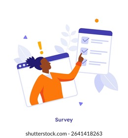 Vector illustration with woman completing online survey form or questionnaire. Customer feedback, opinion, poll, or review concept for website and application.