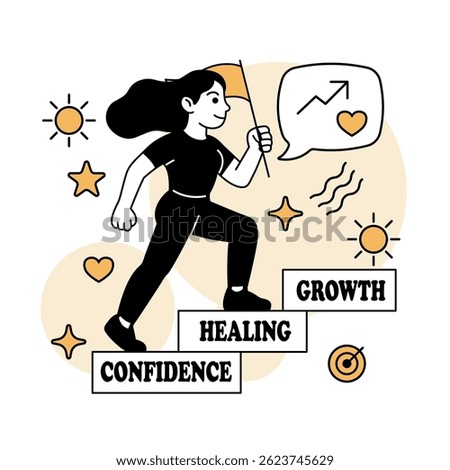 Vector illustration of a woman confidently walking up steps labeled confidence, healing, and growth, symbolizing self-improvement, empowerment, and mental health progress.