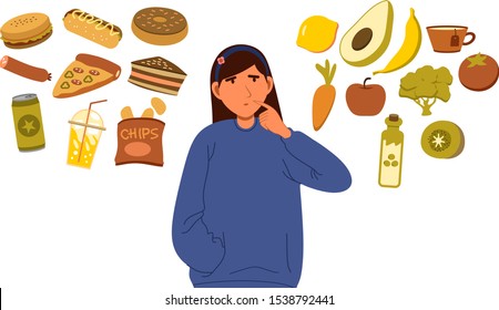 vector illustration of a woman confused about choosing healthy or unhealthy foods. fast food vs healthy food menu. female character on a diet and healthy food