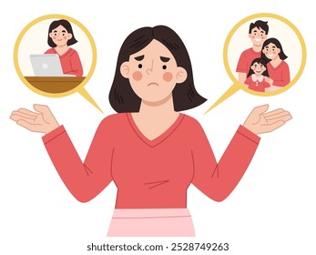 Vector illustration of woman confused about choosing career or family