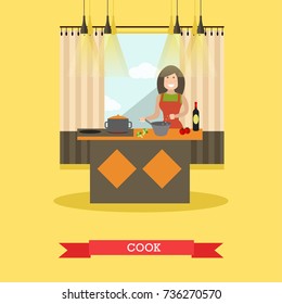 Vector illustration of woman cooking in kitchen. Mother preparing food flat style design element.