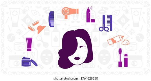 vector illustration of woman and cosmetic and care products for salon procedures and beauty routine