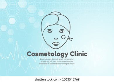 Vector illustration of woman for Cosmetology Clinic. Blue medical background with structure molecule and heart beat