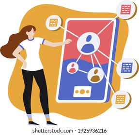 Vektorgrafik. Eine Frau erstellt eine visuelle Umgebung, Website-Design, persönliche Informationen, UI UX-Design, Seitenstruktur. Visuelle Kunst