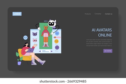 Vector illustration of a woman creating AI avatars on a laptop. She interacts with digital characters, surrounded by user interface elements, highlighting modern technology and creativity.