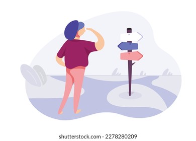 Vector illustration of a woman at the crossroads of the roads of her life.