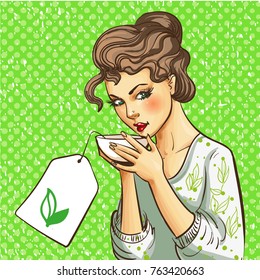 Vector illustration of woman with cup of tea. Pin-up girl portrait in retro pop art comic style.