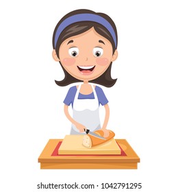 Vector Illustration Of Woman Cutting Bread