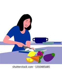 Vector illustration of a woman cutting vegetables in her kitchen with other fruits and vegetables beside her
