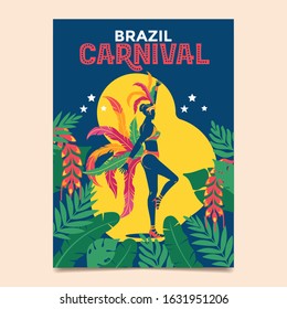 Vector Illustration Woman dance in colorful carnival costume, tropic leafes and mask on a Brazilian carnival theme