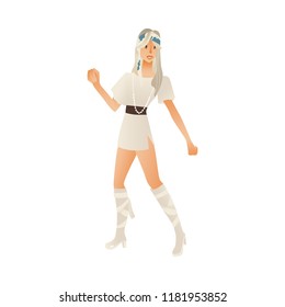 Vector illustration of woman dancing disco isolated on white background. Young caucasian female cartoon character in retro dress and with hairstyle of 70s fashion style makes dance moves.