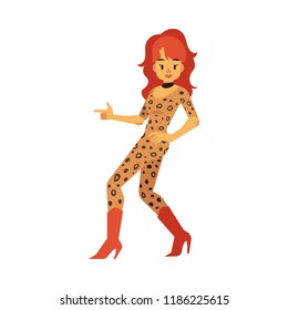 Vector illustration of woman dancing disco isolated on white background - smiling caucasian female character wearing cloth and hair in 70s fashion style doing dance moves in flat cartoon style.