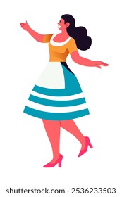 Vector illustration of a woman dancing in traditional folk costume. Flat, minimalist style, isolated on white background. Ideal for cultural or folk festival designs.