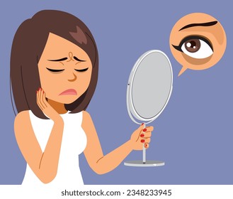 Vector illustration of woman with dark circles under eyes. Girl with bruises from insomnia, disease, stress and fatigue