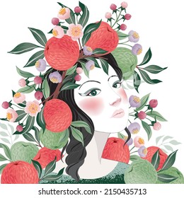 Vector illustration of a woman decorating her hair with flowers and apples. Design for invitation card, picture frame, poster, scrapbook	