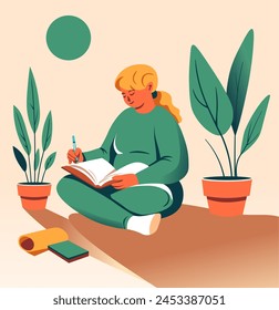 Vector illustration of a woman deeply engrossed in writing a journal indoors, surrounded by potted plants. Suitable for creativity and lifestyle themes.