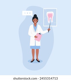 Vector illustration of a woman dentist in a medical gown shows a poster with a picture of a tooth.