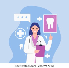Vector illustration of a woman dentist pointing at a poster with a picture of a healthy tooth.