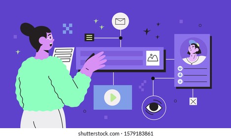 Vector illustration of a woman designer creating new website template or social media page design, ui ux or prototyping.
 Vector illustration for banners or landing page for web design studio.