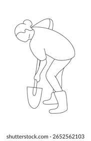 Vector illustration of a woman digging with a shovel in boots. Simple line art design for farming, gardening, agriculture, rural lifestyle, perfect for logos, stickers, prints.