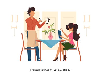 Vector illustration of a woman dining at a restaurant, with a waiter nearby waiting to take her order.