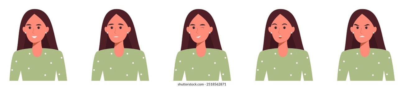 Ilustração vetorial de uma mulher mostrando diferentes expressões faciais, mostrando emoções como felicidade, tristeza e surpresa.