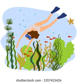 Vector illustration of a woman diving under the sea. Background with coral reef, sea plants and fishes.