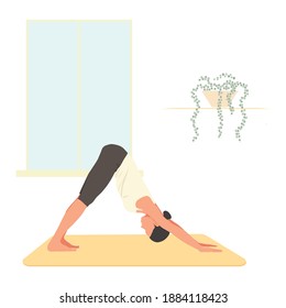 Ilustración vectorial mujer hace asana abajo perro. Niña hace yoga en el fondo blanco